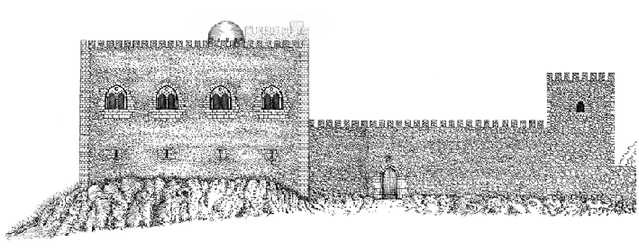 Ricostruzione filologica del prospetto ovest del castello e della cinta fortificata