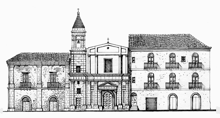 La chiesa del Purgatorio con ai lati il Palazzo Contino-Fidirichello (a sx) e Albergamo (a dx) da un disegno di Carmelo Antinoro